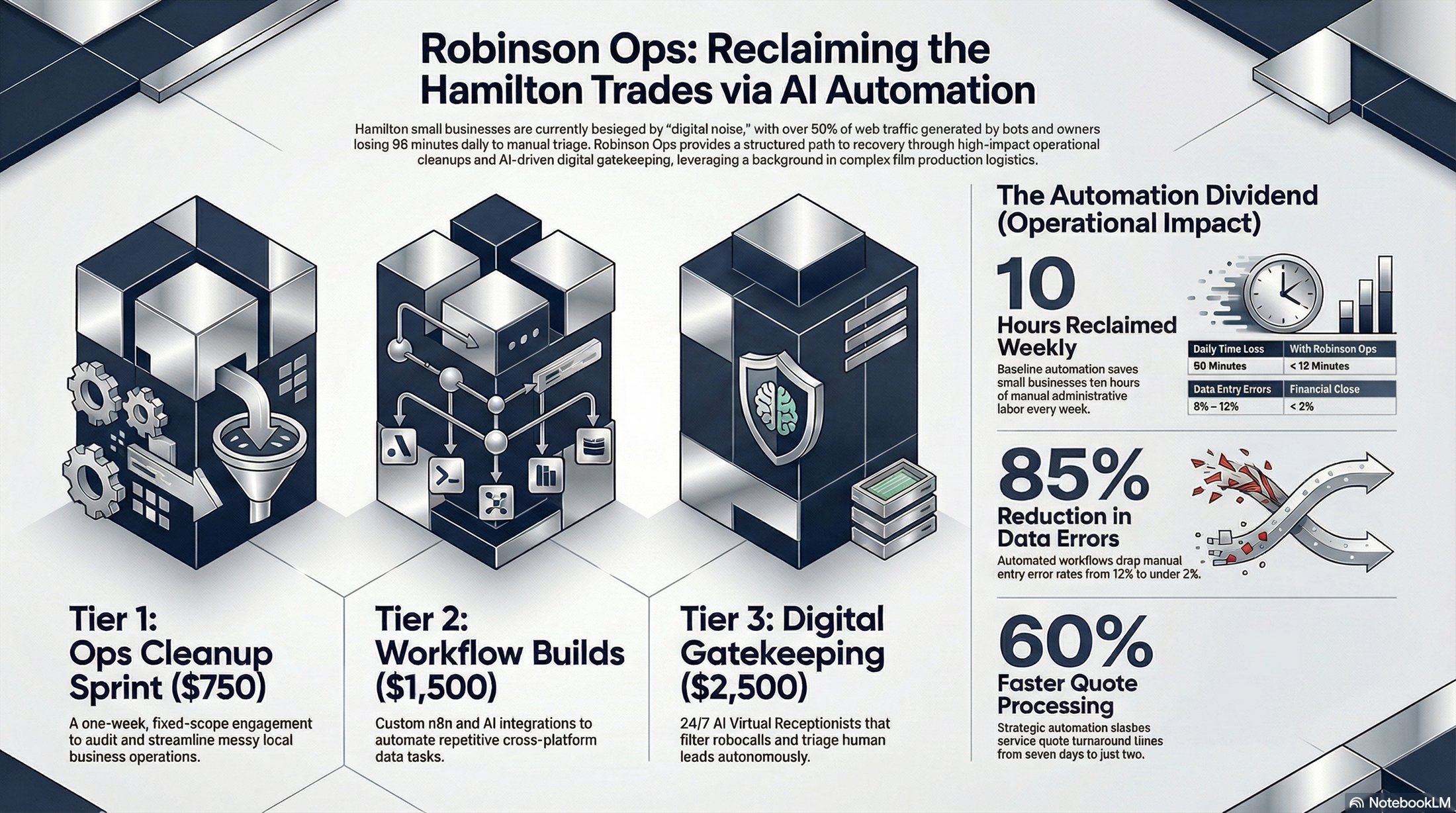 Robinson Ops pricing infographic showing Ops Cleanup Sprint, Workflow Builds, and Digital Gatekeeping service tiers with estimated operational impact.